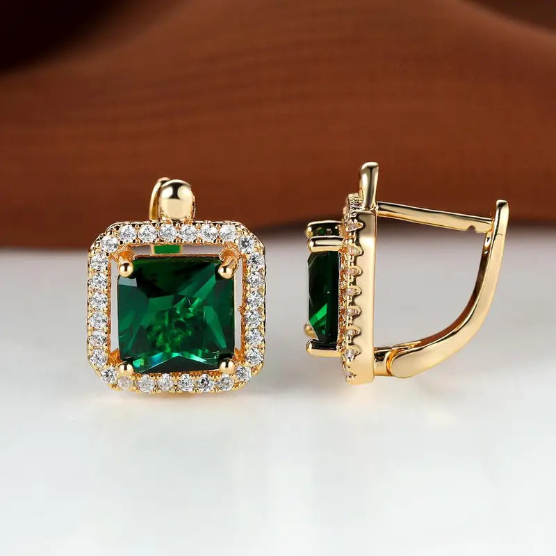 Pendientes Circonia Cuadrada Verde Dorada | Oro