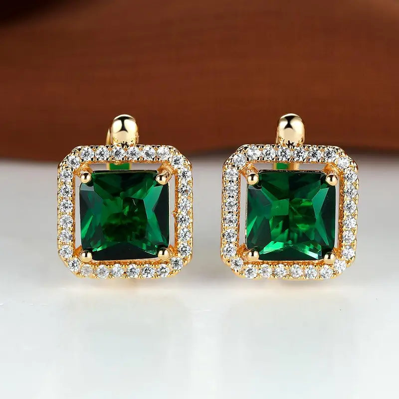 Pendientes Circonia Cuadrada Verde Dorada | Oro