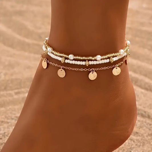 Set 3 Tobilleras por Capas Coastal Charm | Oro