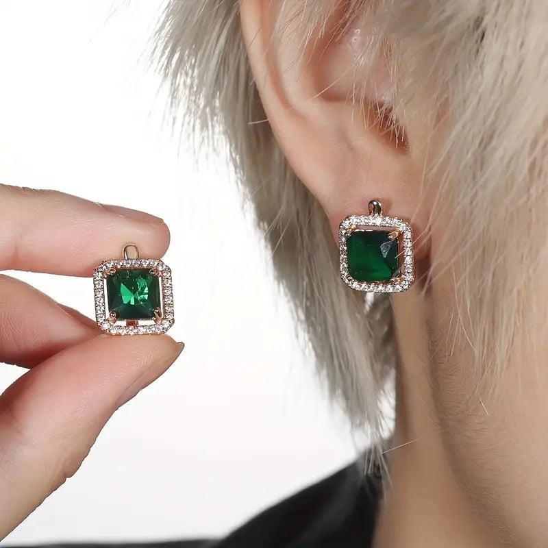 Pendientes Circonia Cuadrada Verde Dorada | Oro