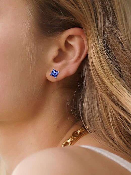 Pendientes Studs Zafiro Corte Princesa | Oro Blanco