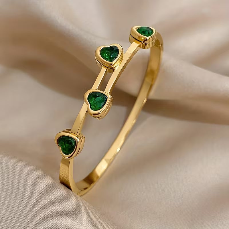 Pulsera Corazones Verde | Oro