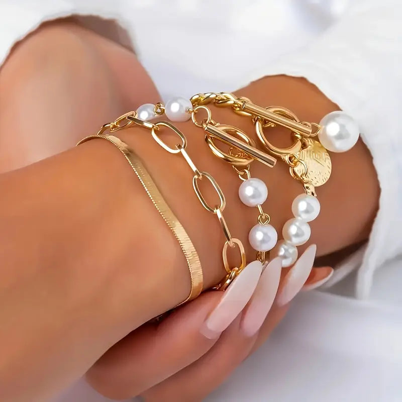 Set 4 Pulseras Chic - Serpiente, Perlas y Eslabones | Oro