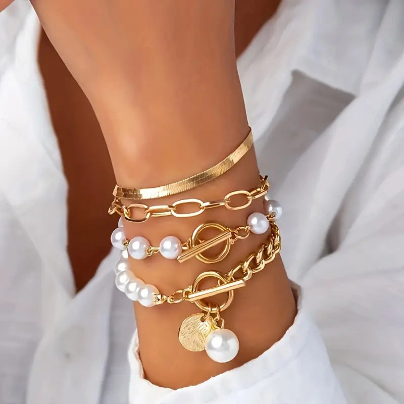 Set 4 Pulseras Chic - Serpiente, Perlas y Eslabones | Oro
