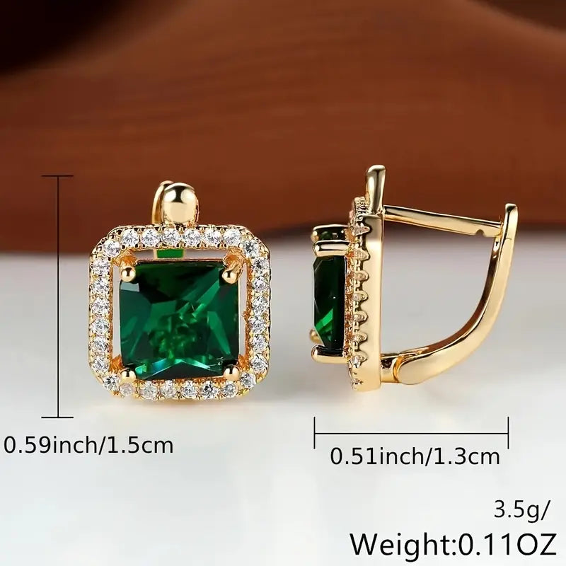 Pendientes Circonia Cuadrada Verde Dorada | Oro