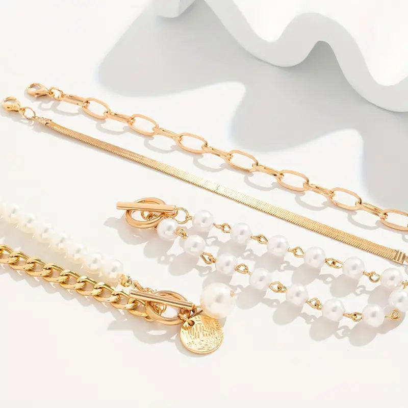 Set 4 Pulseras Chic - Serpiente, Perlas y Eslabones | Oro
