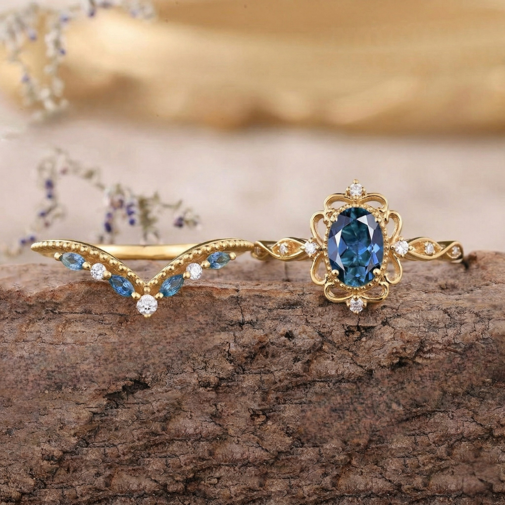 Set de Anillos Corona Azelia Zafiro | Oro