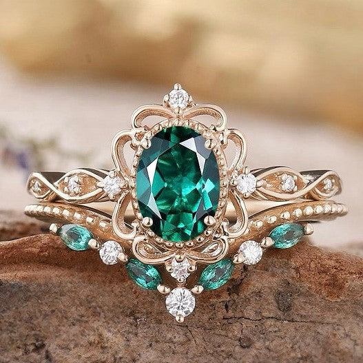 Set Anillo Corona Esmeralda Aurelle | Oro Rosa