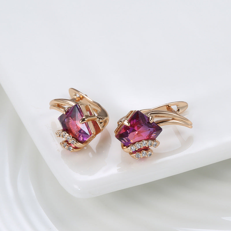 Pendientes Cristal Cuadrado Carmesí | Oro Rosa