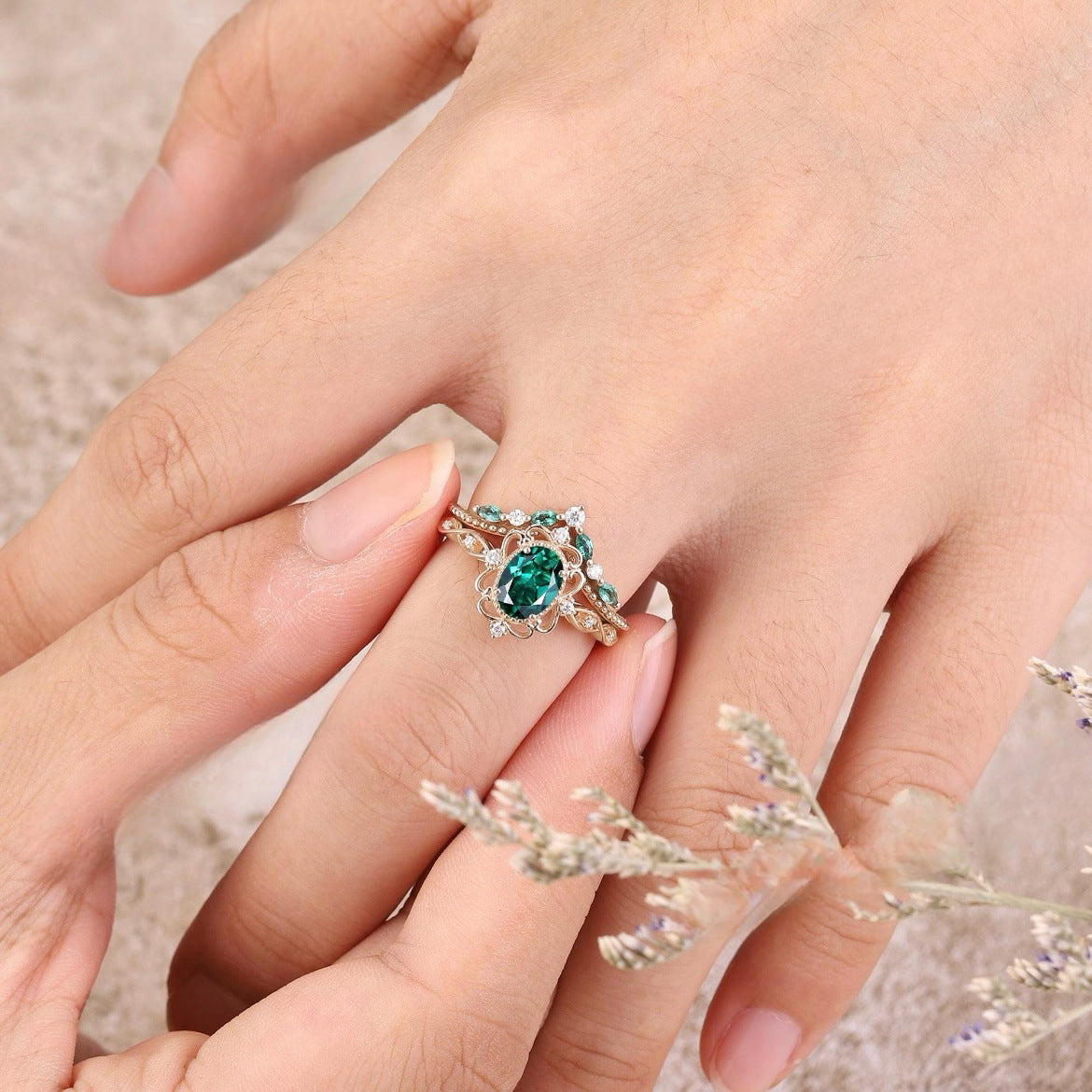 Set Anillo Corona Esmeralda Aurelle | Oro Rosa