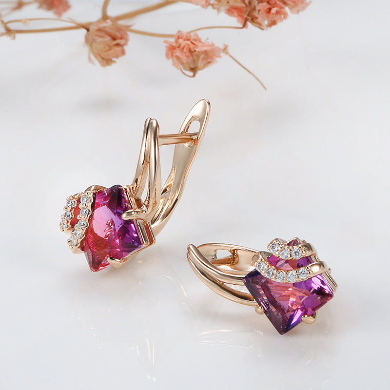 Pendientes Cristal Cuadrado Carmesí | Oro Rosa