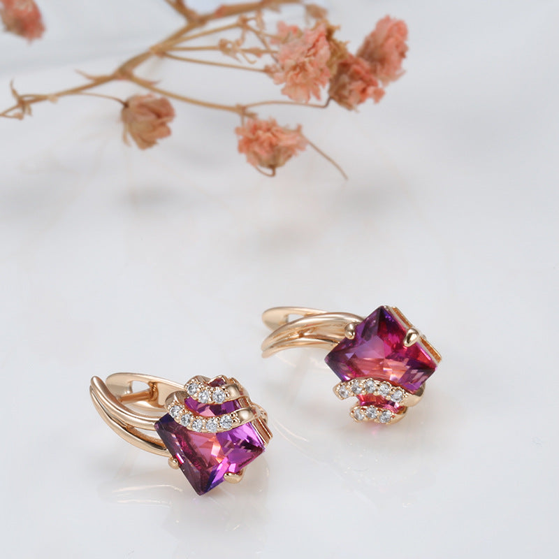 Pendientes Cristal Cuadrado Carmesí | Oro Rosa