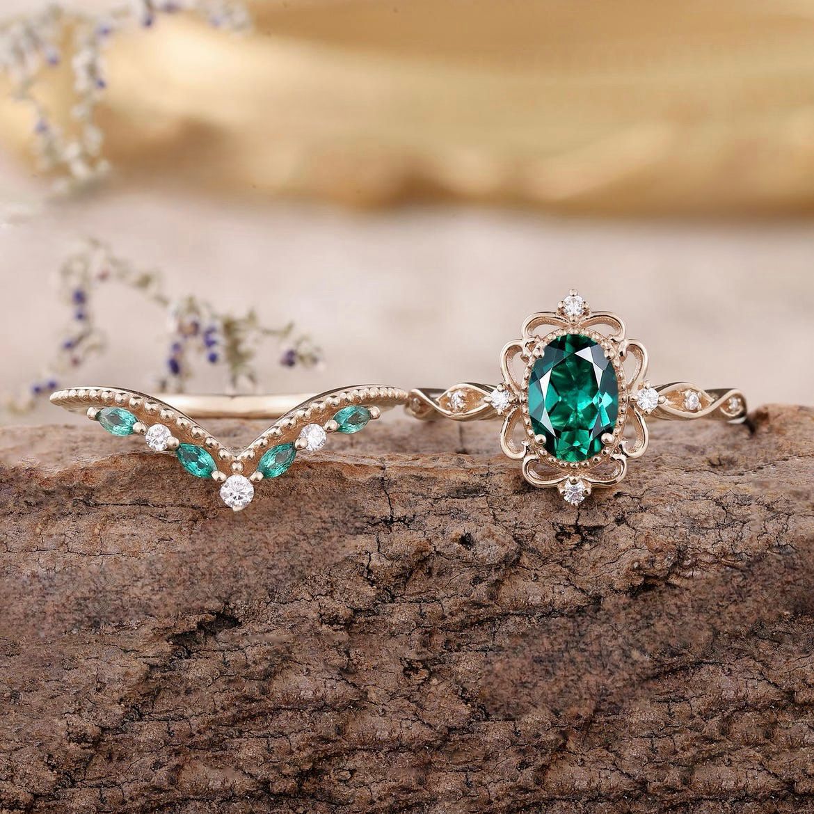 Set Anillo Corona Esmeralda Aurelle | Oro Rosa