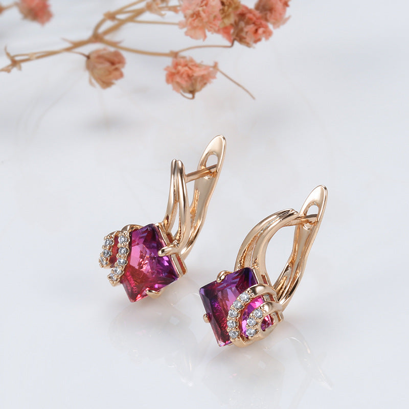 Pendientes Cristal Cuadrado Carmesí | Oro Rosa