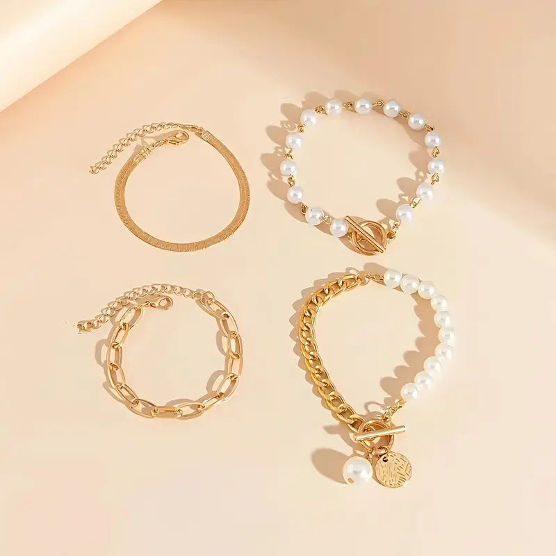 Set 4 Pulseras Chic - Serpiente, Perlas y Eslabones | Oro