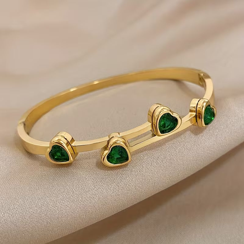 Pulsera Corazones Verde | Oro