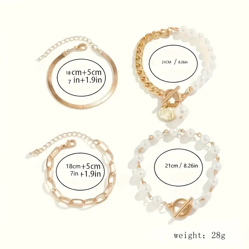 Set 4 Pulseras Chic - Serpiente, Perlas y Eslabones | Oro